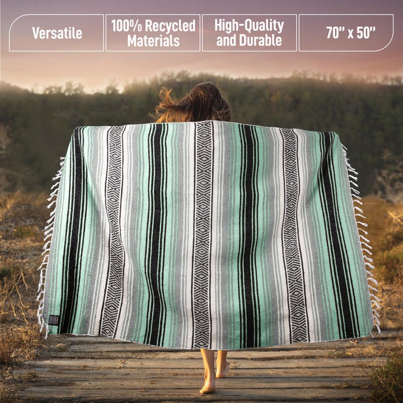 Hydration Nation Authentic Extra Large Mexican Blanket (70"x50") - Handwoven Yoga, Serape- Artisanal Falsa, Beach, Camping, Picnic, Outdoor (Aqua Green) - Image 3